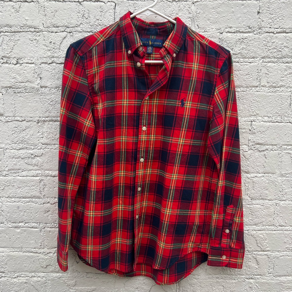 Boys red plaid polo button down sz L.